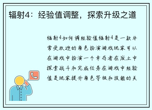 辐射4：经验值调整，探索升级之道